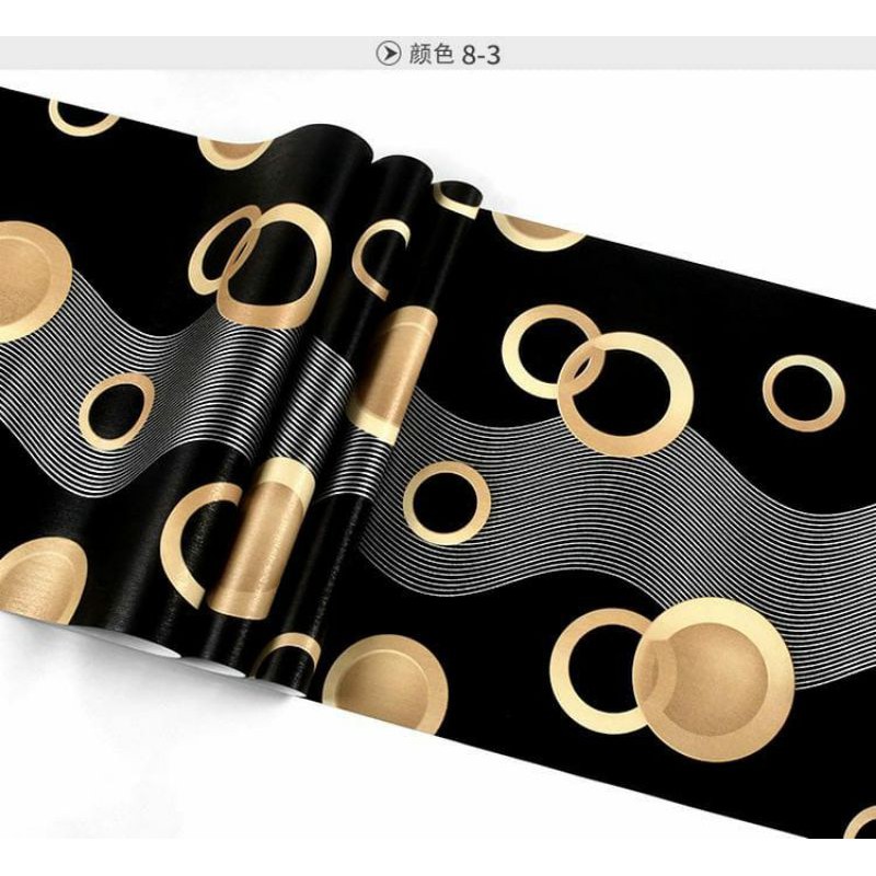 WALLPAPER DINDING MOTIF POLKADOT GOLD DSR HITAM 10m x 45cm