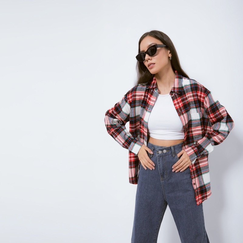 [W] Kemeja Flanel Oversize Boyfriend Unisex WARNA HITAM TIDAK ADA LAGI-1