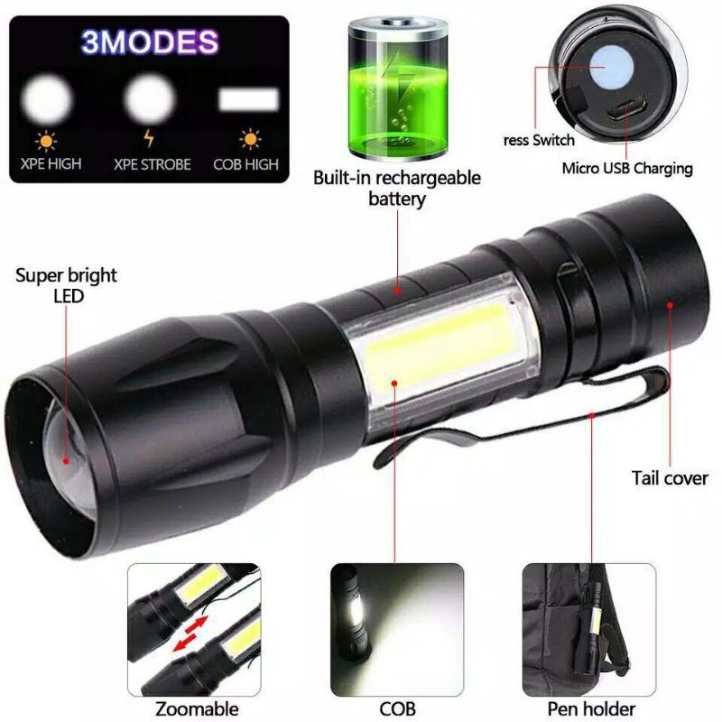 Senter Mini XPE + COB LED + USB Changer + Box 513 Super Terang Anti Air Zoom Out Klip / Tali