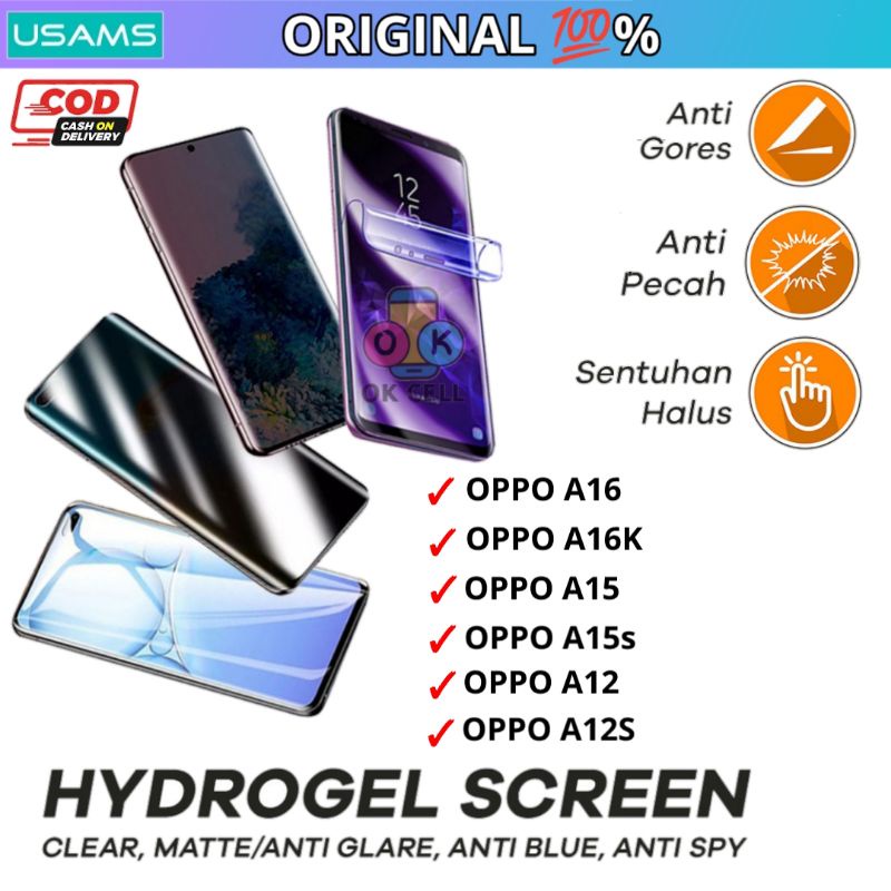 USAMS Hydrogel Anti Gores Spy Matte Blue Light Oppo A16 A15 A12 A16K A15S A12K Not Tempered Glass