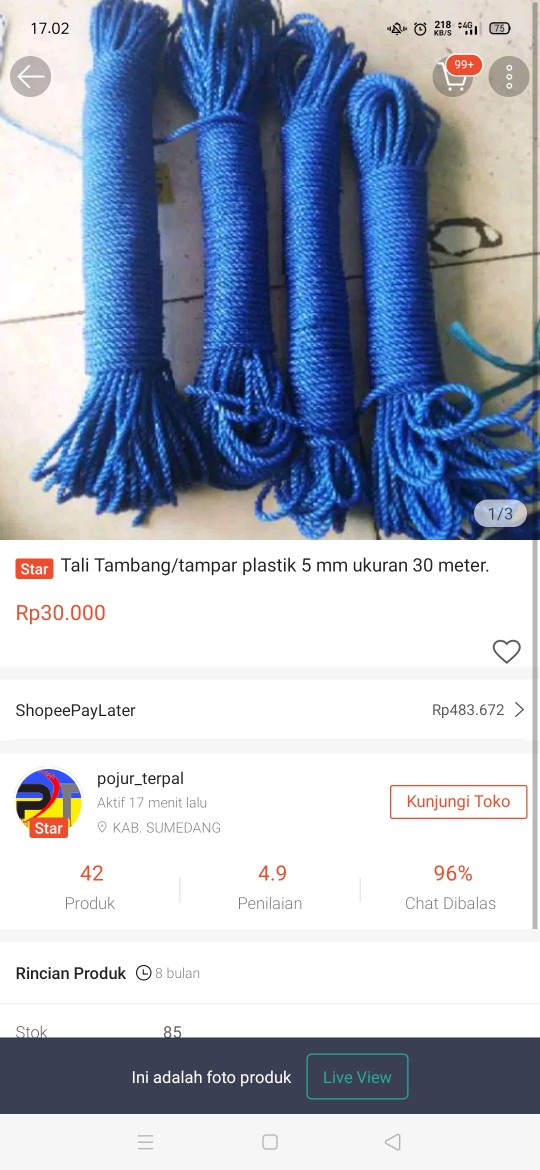 Tali Tambang/tampar Plastik 5 Mm Ukuran 30 Meter.