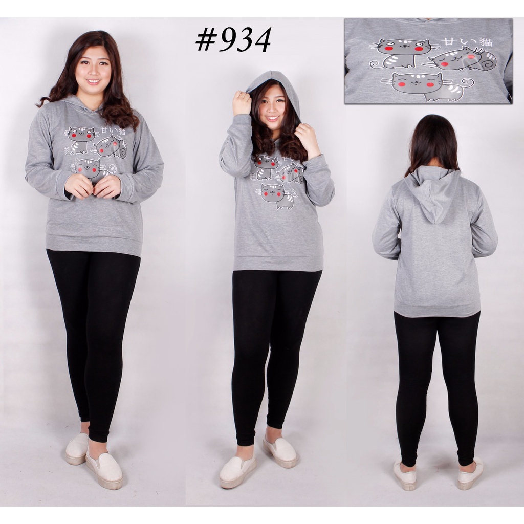 Sweater Model Jumbo Bigsize Wanita Topi  Variasi Sablon Murah