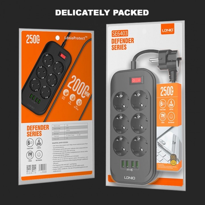 LDNIO SE6403 - DEFENDER Series - 6 EU Outlet Power Socket &amp; 4 USB Port