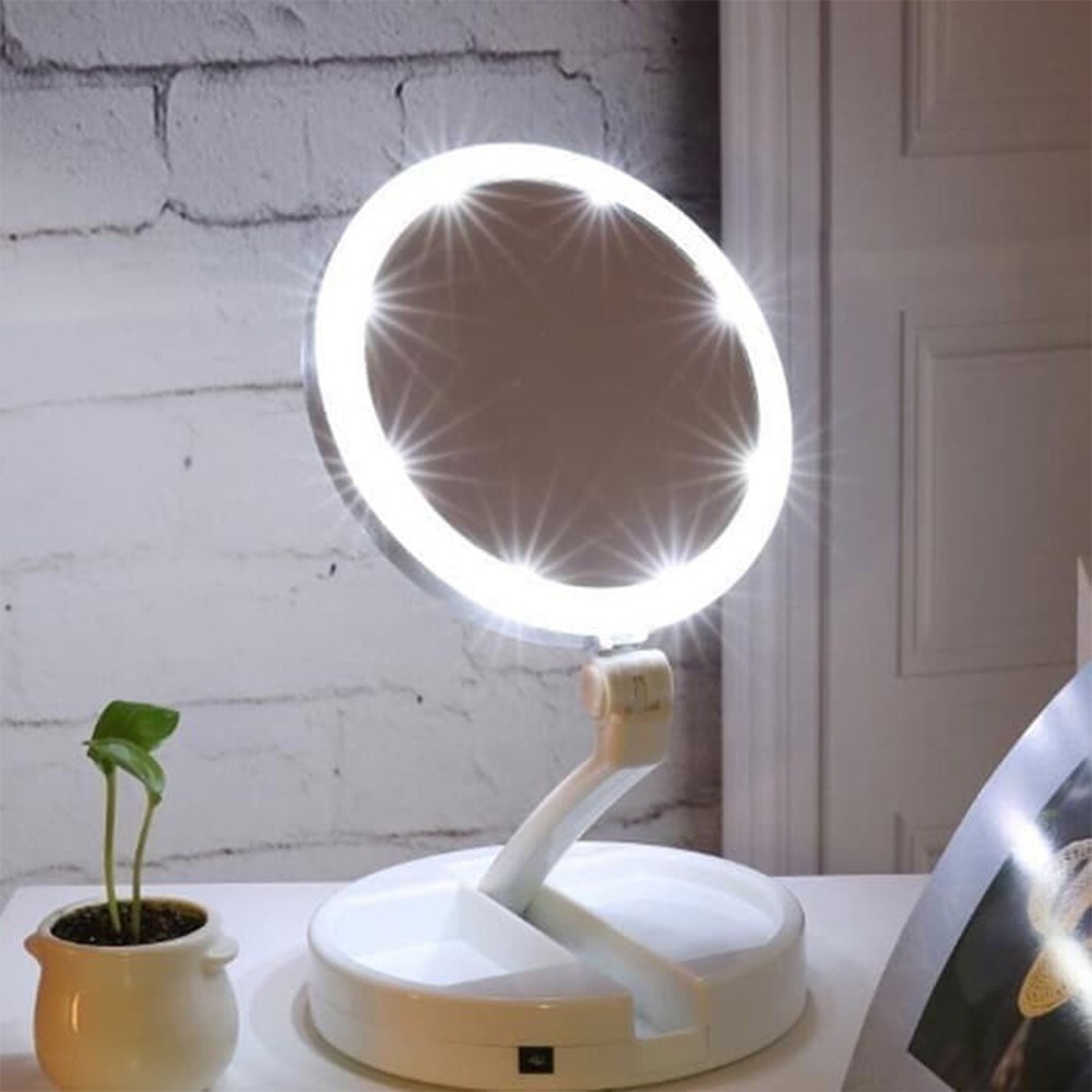 Cermin LED FOLD AWAY Mirror Dua Sisi - Kaca Make Up Lipat LED