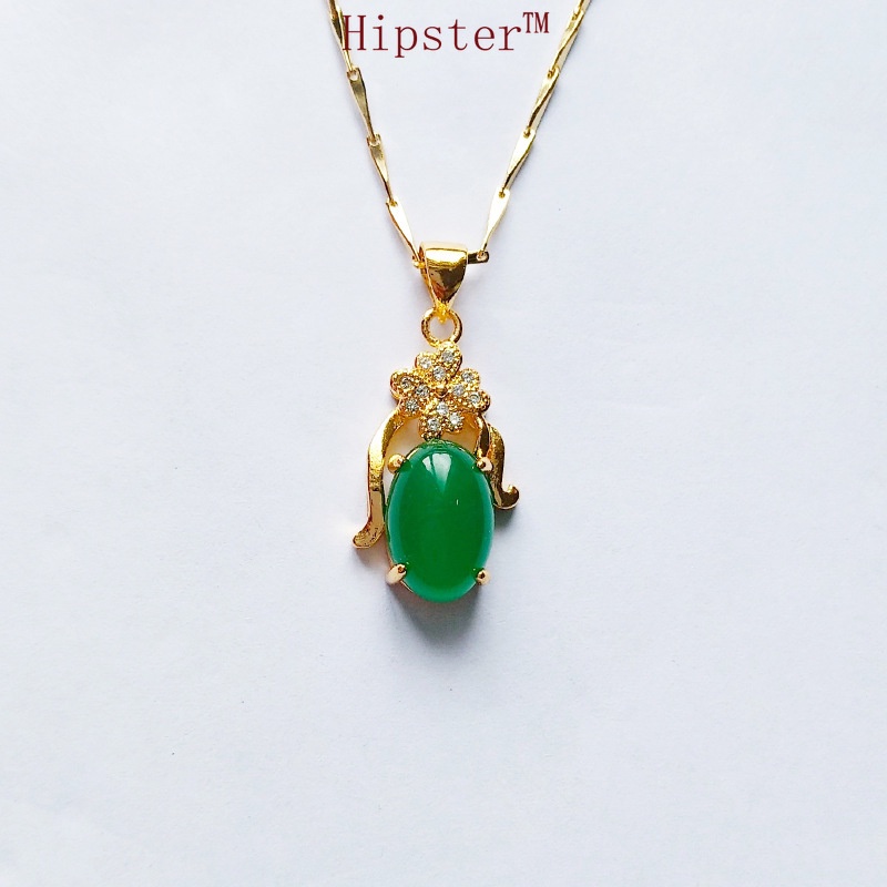 New Hot Selling Trend Full Diamond Green Jade Stone Pendant Elegant Necklace