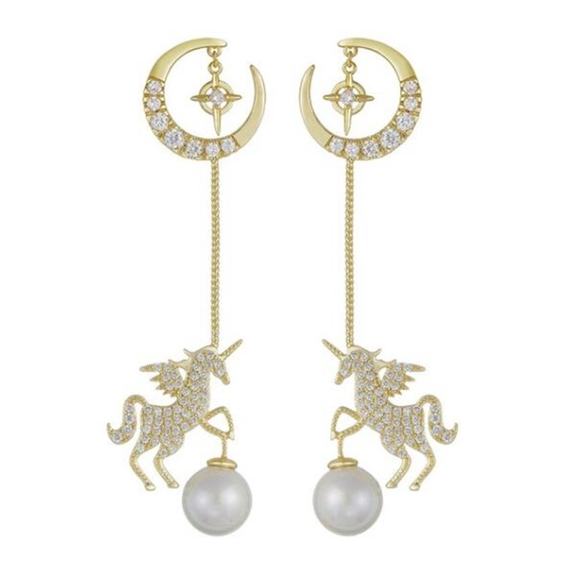 Anting Kait Gantung Panjang Desain Unicorn Hias Batu Permata Mutiara Natural Untuk Wanita