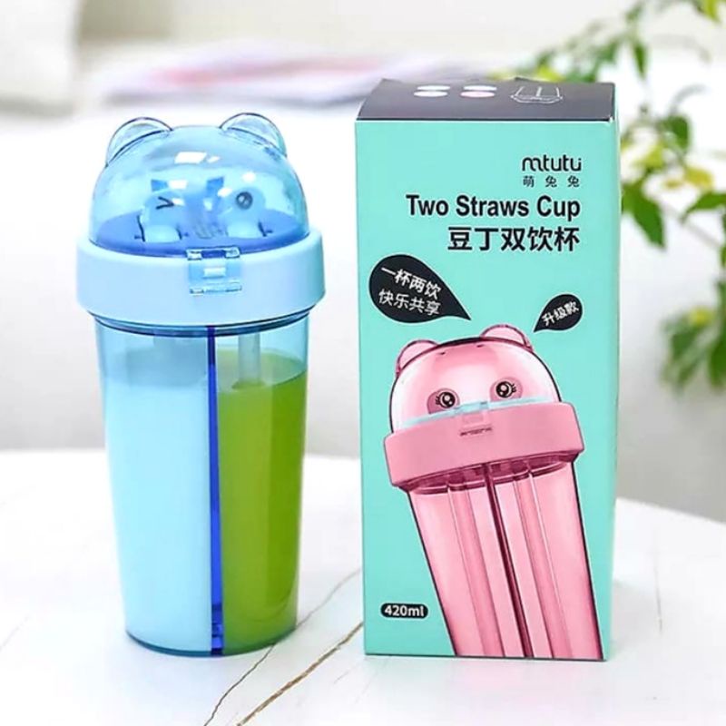 BOTOL MINUM / TEMPAT MINUM ANAK DUET 2 IN 1 + STIKER COUPLE 420 ML LUCU COCOK UNTUK KADO