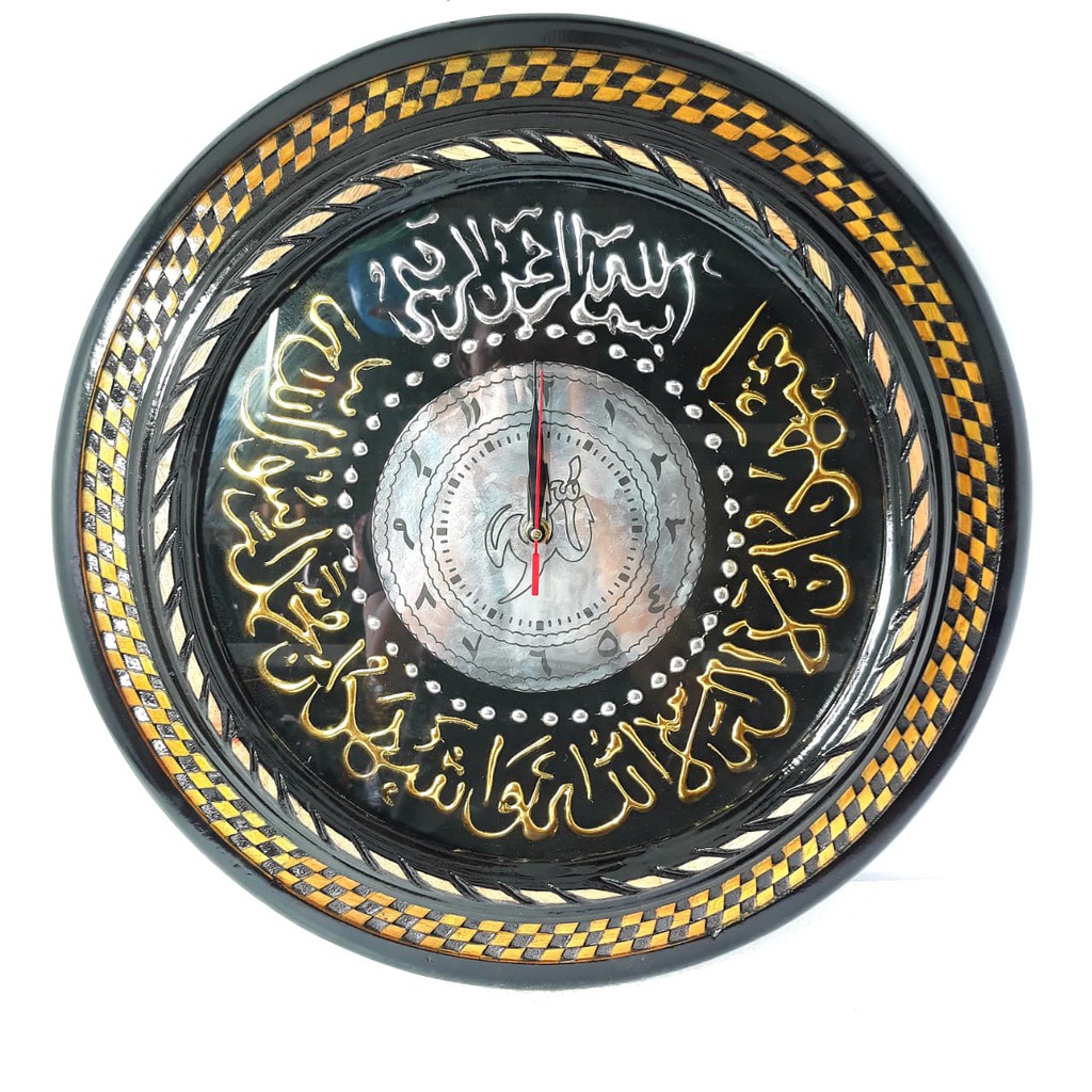 Jam Dinding Kaligrafi ArabTulisan Lafadz Syahadat Ukir Kayu Jati Asli