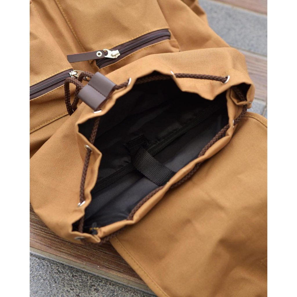 Tas ransel laptop pria wanita kuliah sekolah kerja kanvas heejou backpack travello tan serut vintage retro classic unisex