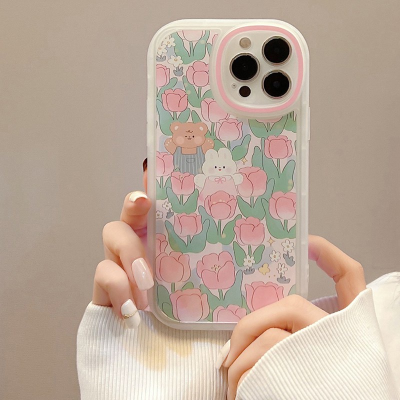 Lucu Tulip Bear &amp; Kelinci Ins Pretty Big Eyes Silicone Soft Case IPhone 7 8 Plus X XR XS Max IPhone 11 Pro Max 12 13 Pro Max SE 2020 Cover