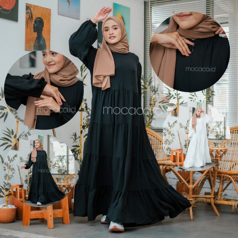 Dress gamis Mewah crincle premium busui 5 susun freesize kerah chiangi hitam putih tulang broken white