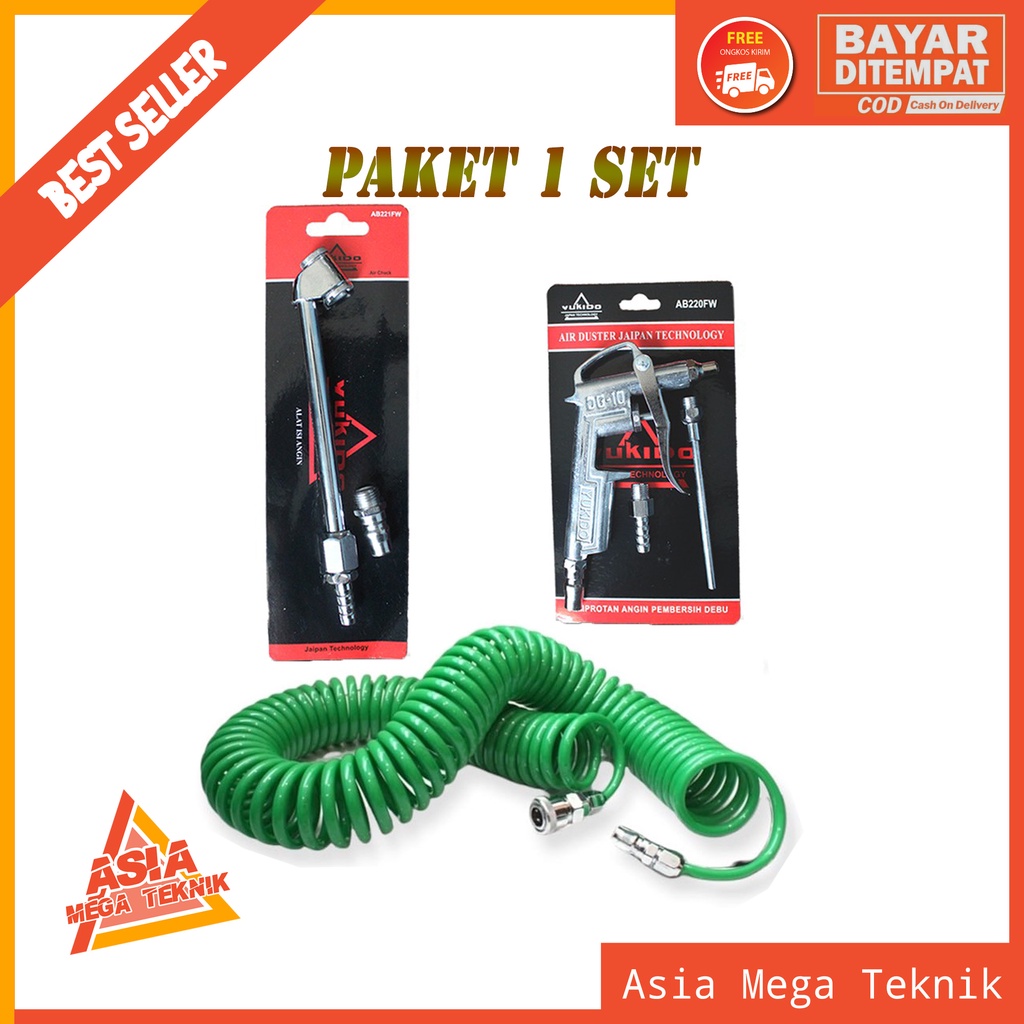 PAKET HEMAT Selang Kompresor Spiral isian angin Recoil Hose selang PU kompresor 6 m 9 m 12 m dan Inflator 3 in 1 Alat Isian Ban