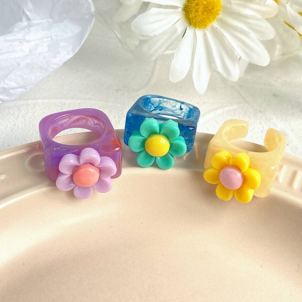 2021 New Korean Summer Resin Flower Rings Cream Color Opening Ring for Women Party Aesthetic Jewelry Gifts