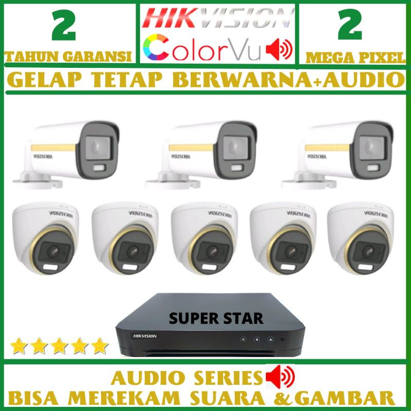 PAKET CCTV HIKVISION COLOR VU 8 CHANNEL 8 KAMERA 2MP AUDIO SIANG MALAM BERWARNA