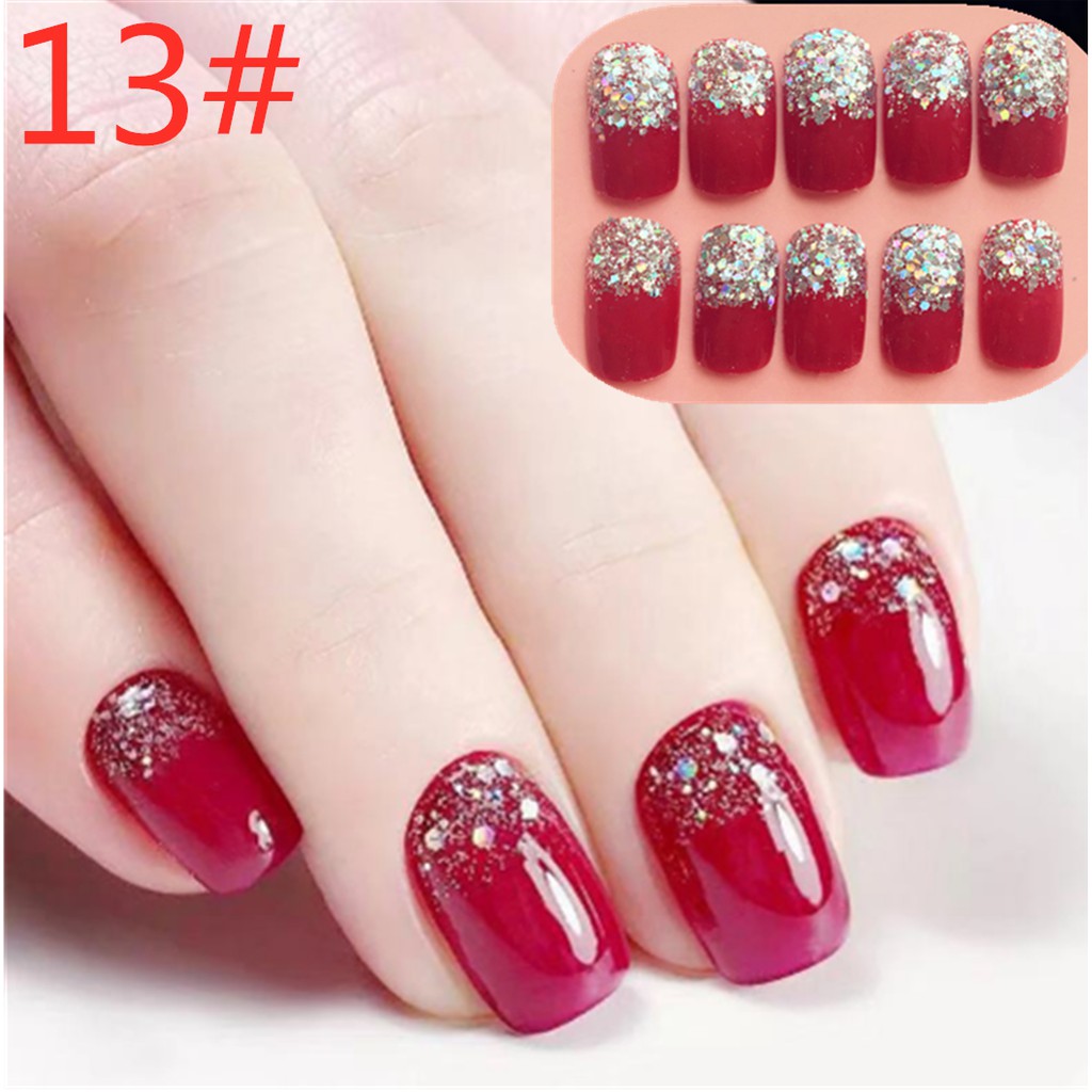 【COD】FLID 24Pcs Kuku Palsu French Nail Art Akrilik Kristal Berlian Imitasi Warna Merah