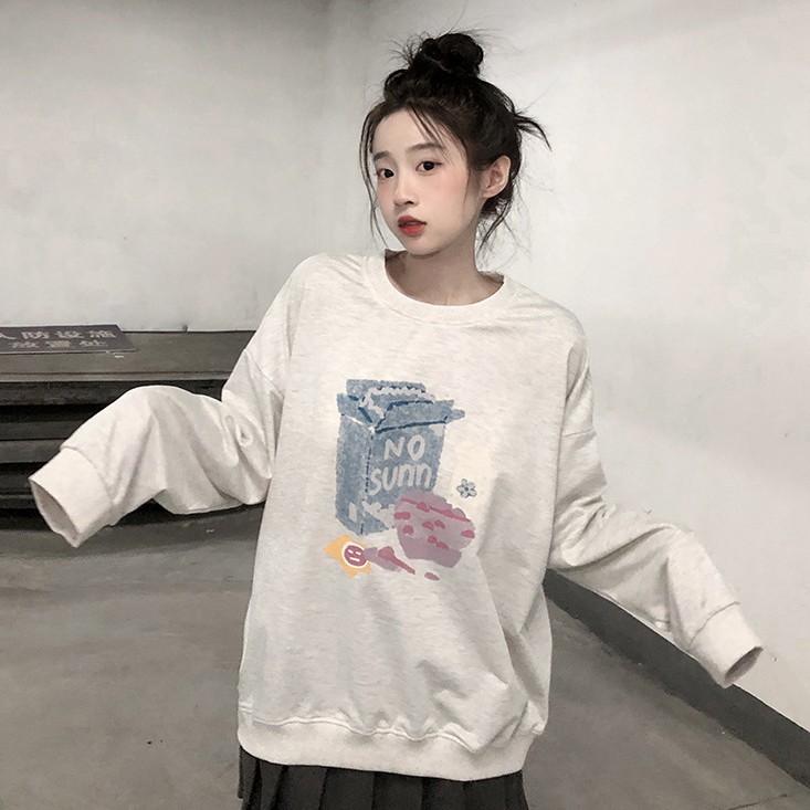 Kotak Cat Air Bermotif Leher Bulat Sweater Lengan Panjang Longgar Untuk Wanita