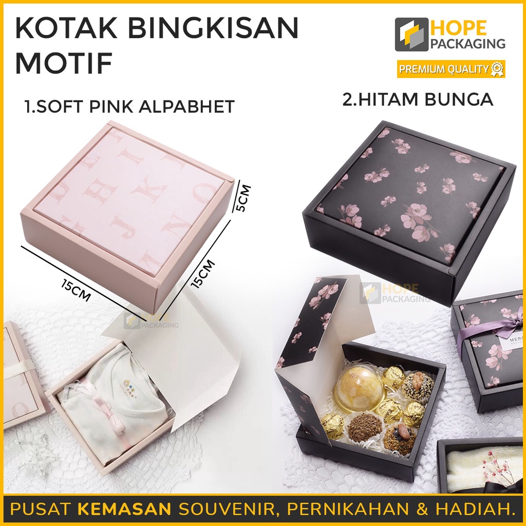 Box Hadiah Segi 4  Motif Flower Hitam dan Soft Pink Huruf /  Kado Hadiah Bingkisan Gift Makanan / Kotak kerudung hijab