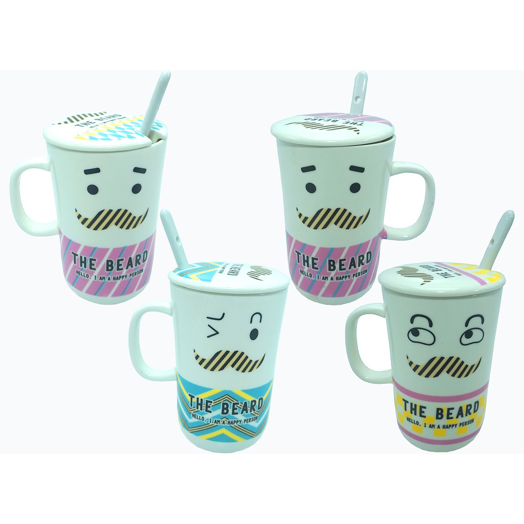 Gelas Keramik Mug Kaca dengan Tutup dan Sendok Lucu Elegan Karakter Mustache Kado