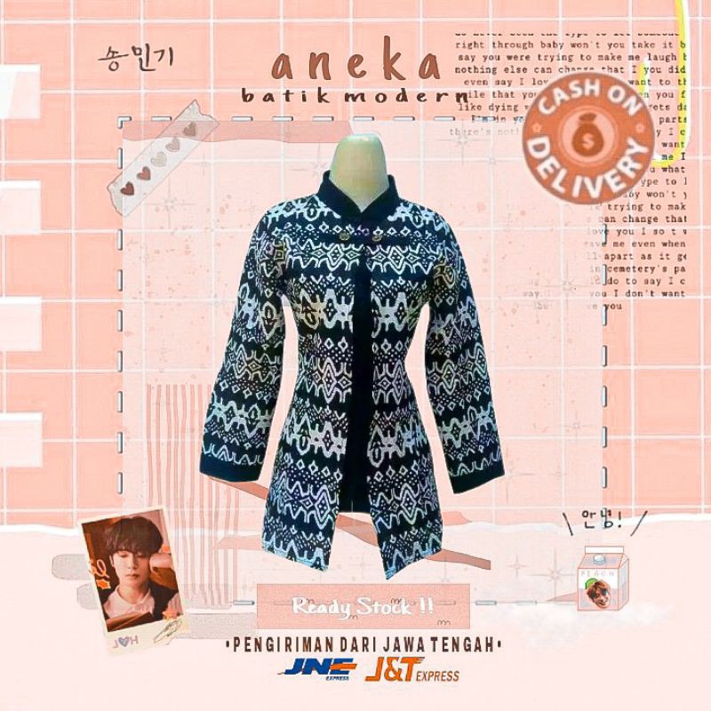 BLOUSE BATIK KERJA CEWEK LENGAN PANJANG WARNA HITAM PUTIH MONOKROM