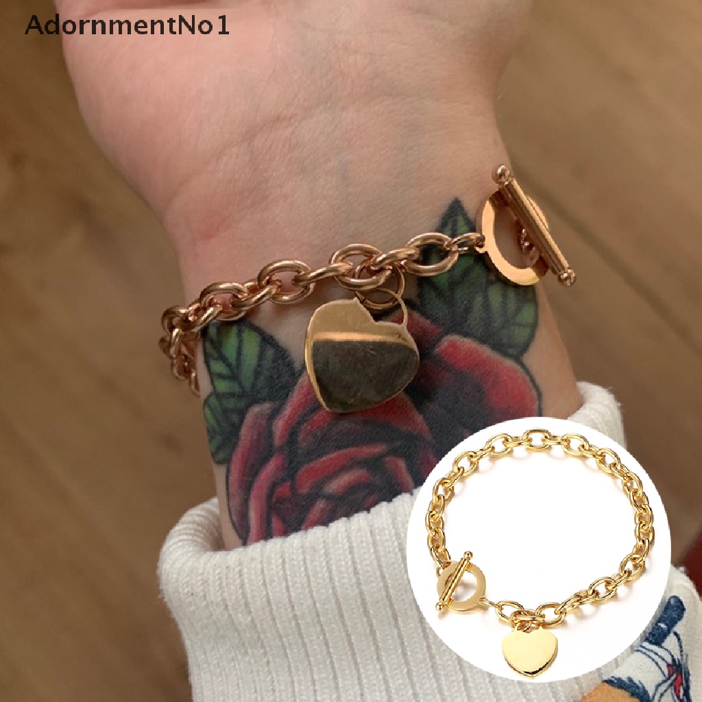 (AdornmentNo1) Gelang Tangan Rantai Fashion Aksen Hati Bahan Stainless Steel Untuk Perhiasan Wanita