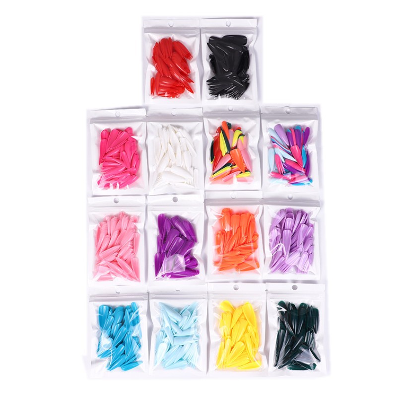 100pcs / Set Kuku Palsu Akrilik Panjang Full Coverage Warna Polos Untuk Nail Art / Manicure DIY