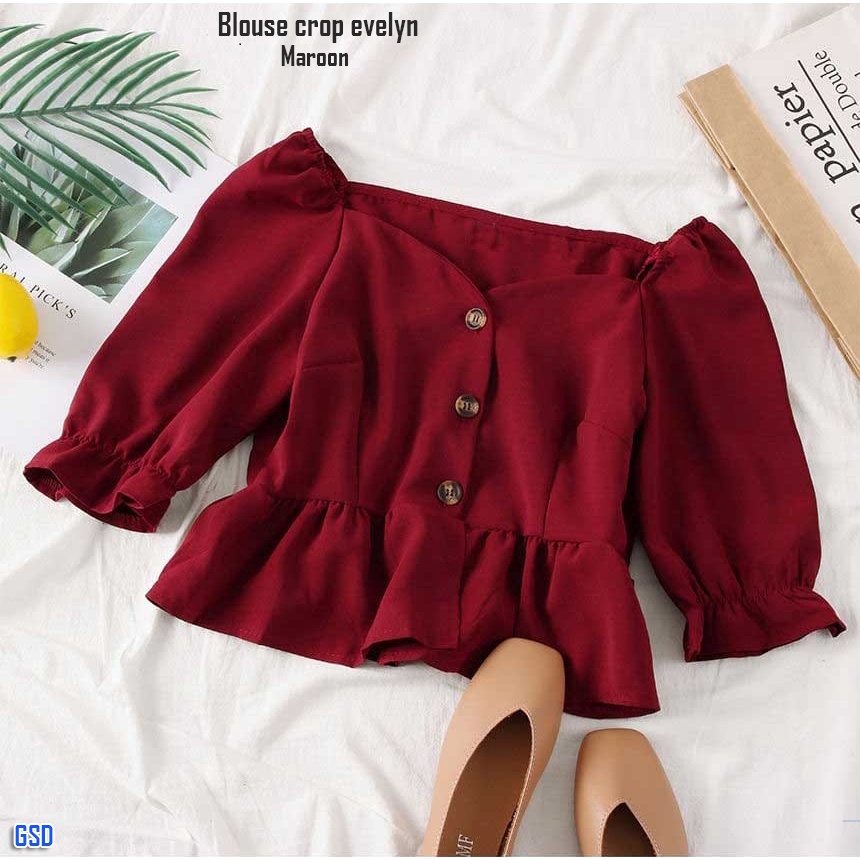 Jf - Atasan Sabrina Korean Style Ready 3 Warna Baju Holiday Remaja Dewasa Blus Crop Evelyn