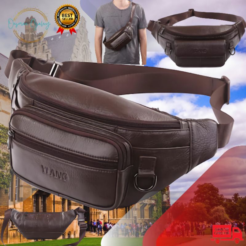 Oesman Stradi Uniqol - Tas pinggang waistbag pria kulit asli multifungsi premium anti air Murmer