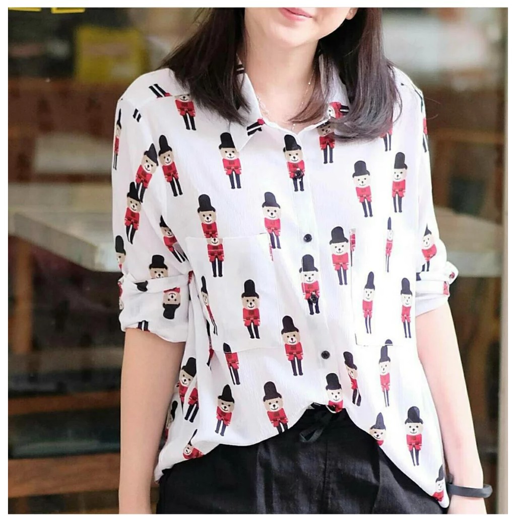 Ss Kemeja KARTUN Putih Soldier Wanita Murah Simple Elegan Modis Modern Trendy Bear Lucu Imut Shopee Indonesia