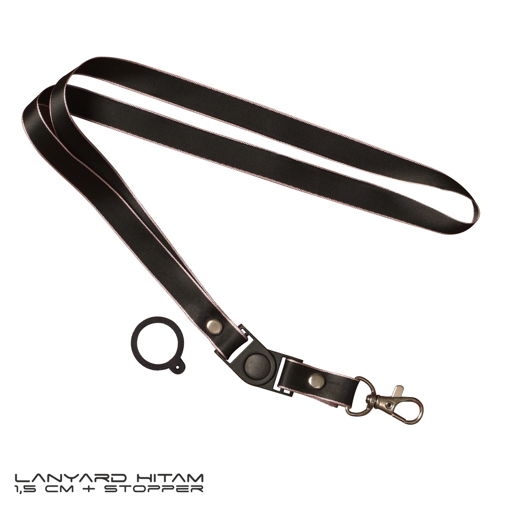 Lanyard Hitam Strip Ungu 1,5cm Stopper + Karet