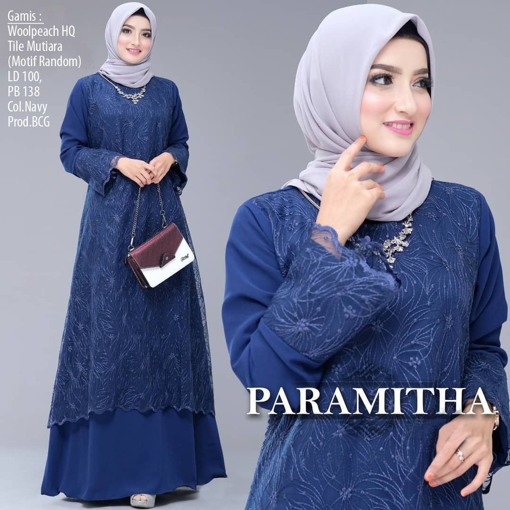 Gamis Paramitha Bahan Woolpeach Mix Tile Mutiara Premium Warna Navy G002 Ghs Shopee Indonesia