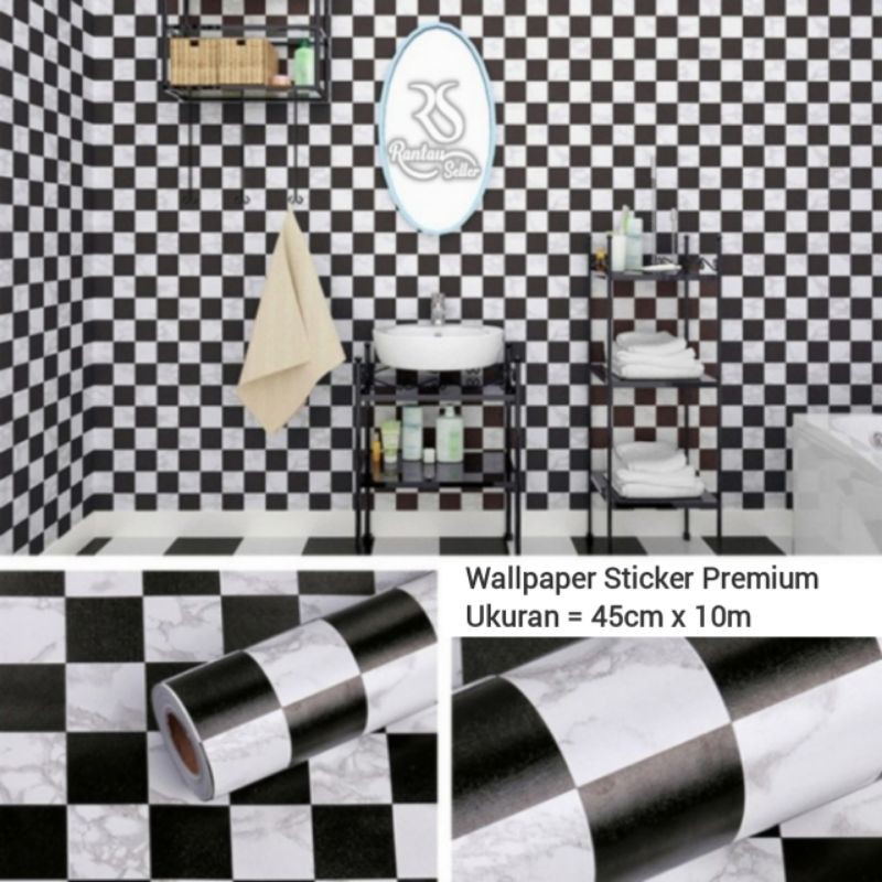 Wallpaper Sticker Dinding Motif Kotak Hitam Putih Catur