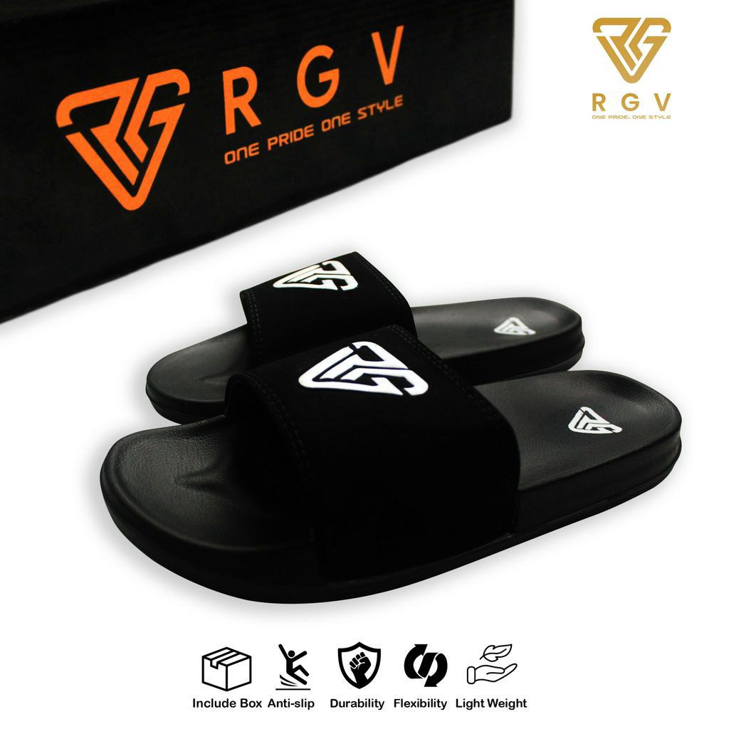 RGV - SANDAL PRIA DAN WANITA SLIDE SLIP ON SENDAL ANTI LICIN RINGAN SELOP BLACK LOGO WHITE