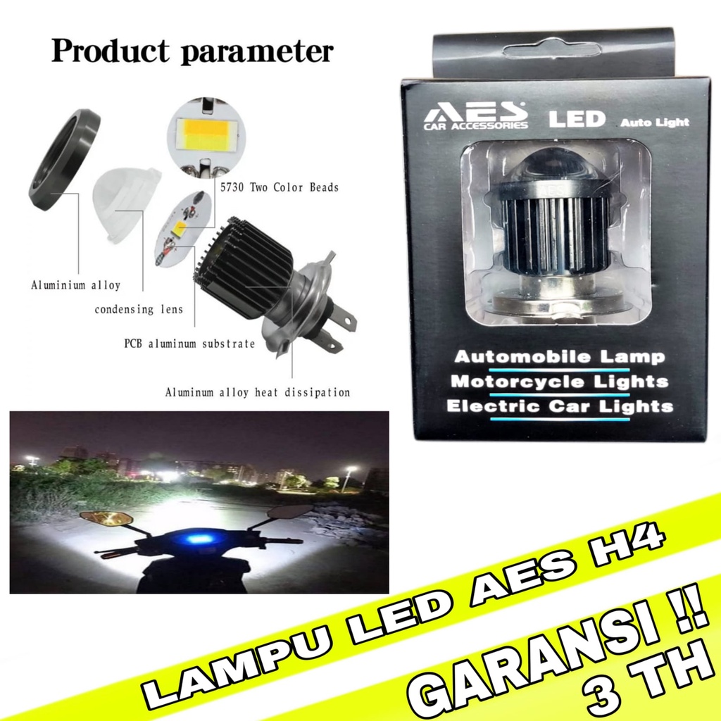 LAMPU DEPAN MOTOR MOGE/LAMPU HEADLAMP H4 LED LASER GUN AC DC 26W MERK AES/LED H4/LPU MOTOR/LAMPU