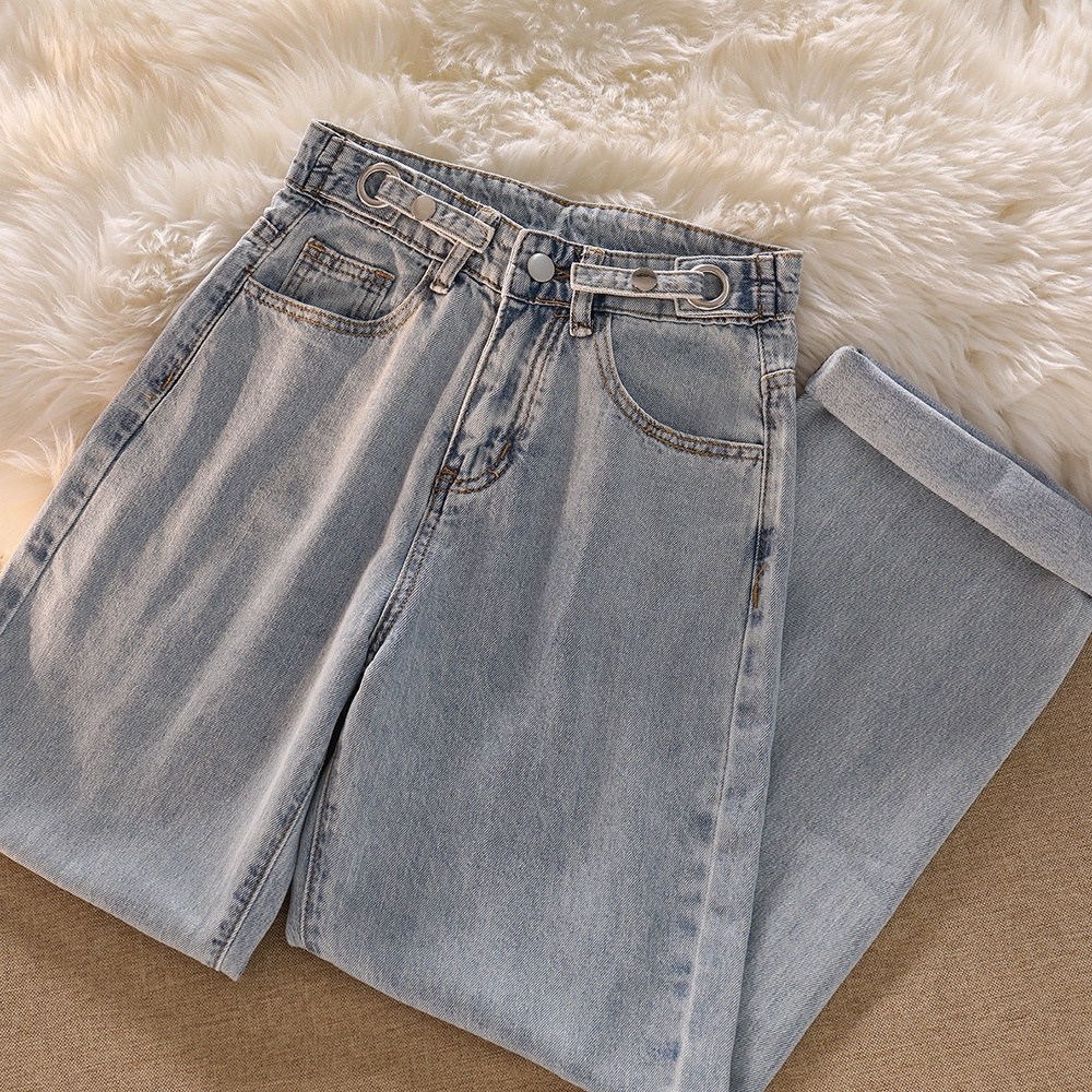 Biru Celana panjang wanita baru slim-fit high-waist straight-leg wide-leg jeans（realpict）