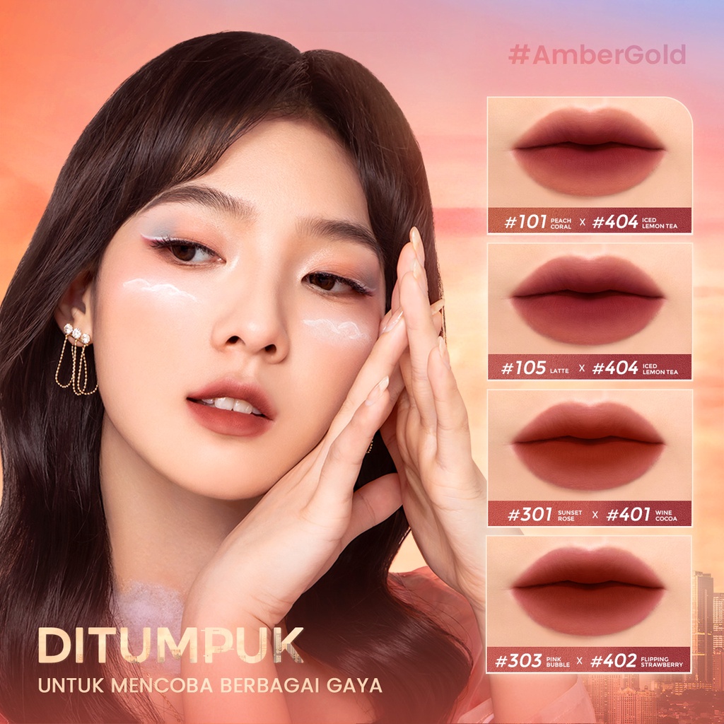 FOCALLURE #AmberGold Long-lasting Airy-fit Misty Velvet Matte Lip Clay Lightweight Moisturizer 2 in 1 Sponge Lip Brush