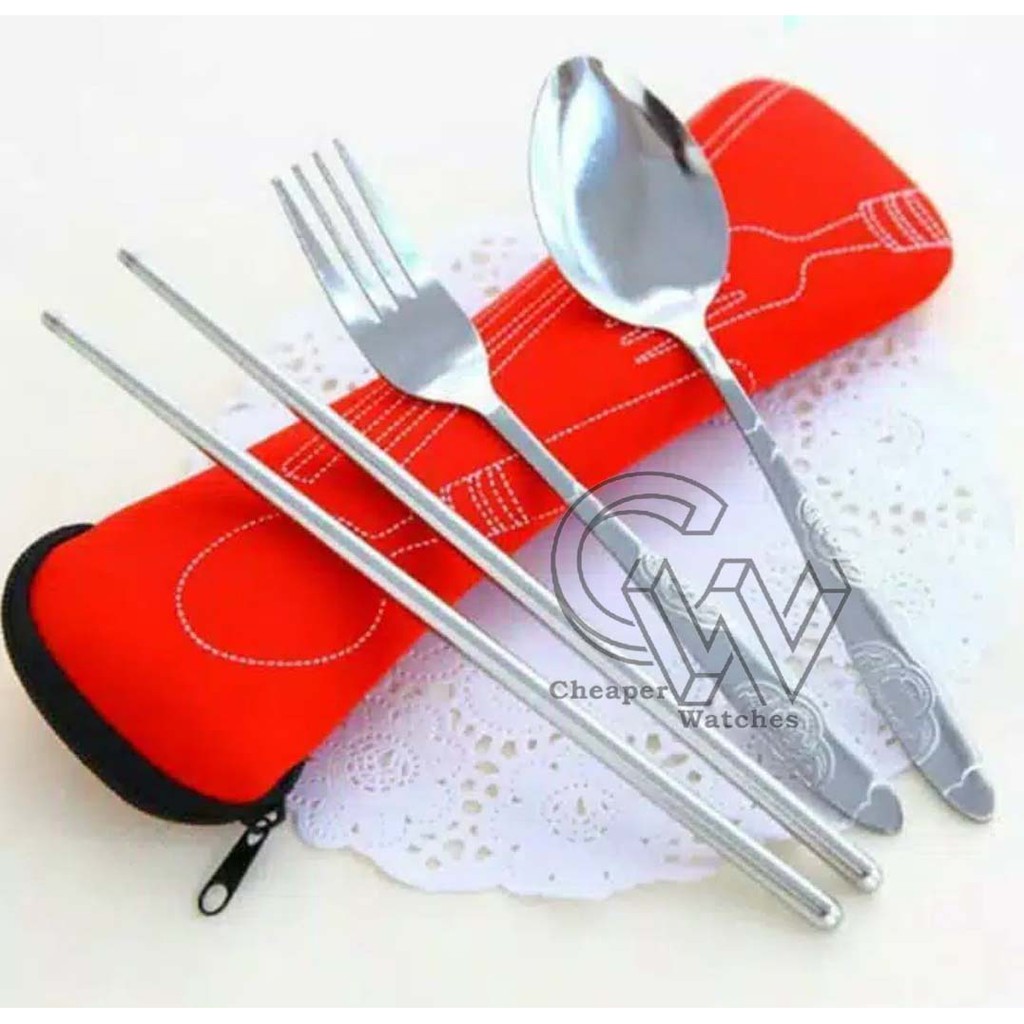 Cheaper-Sendok Sumpit Garpu Stainless Steel Set Pouch Sarung Tas Travel Souveiner Termurah