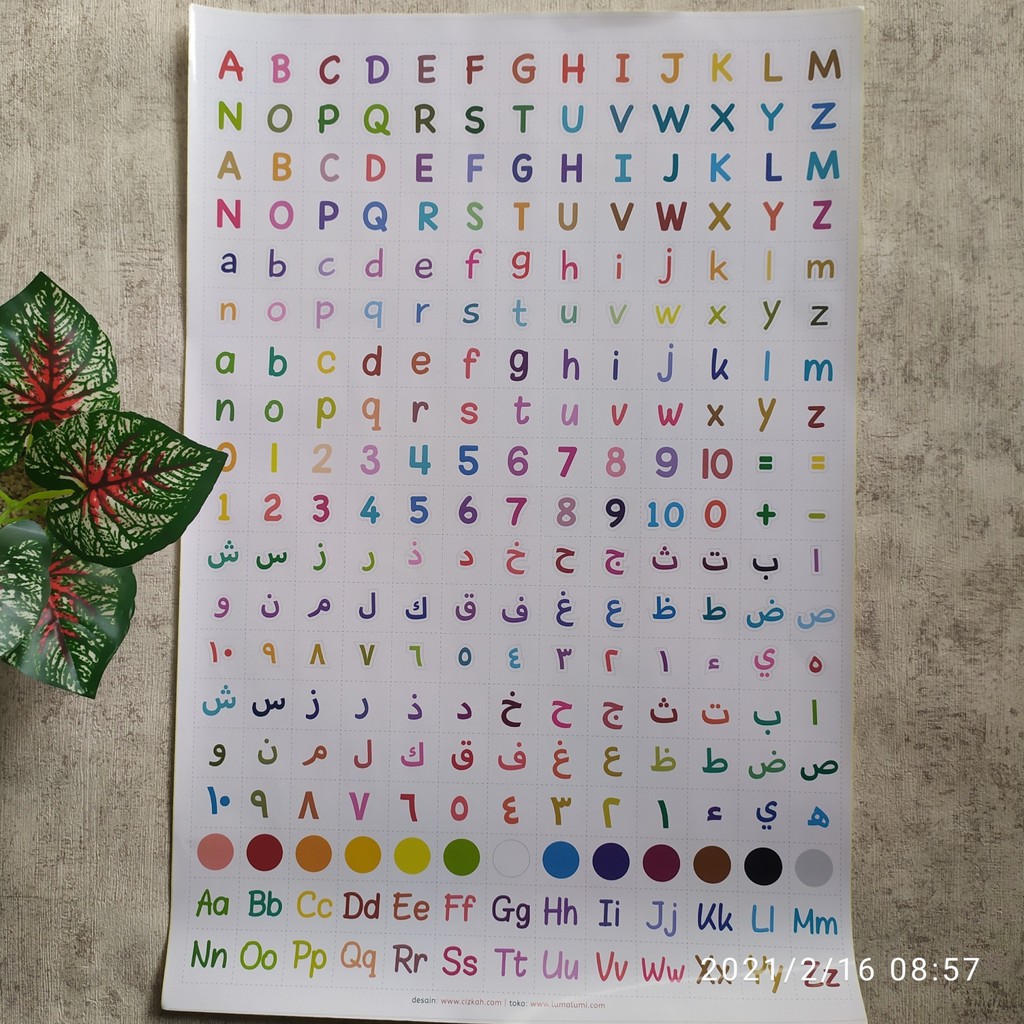 Poster Belajar Anak Serbaguna (Huruf Hijaiyah, Huruf Alfabet, Angka Arab, dan Warna)