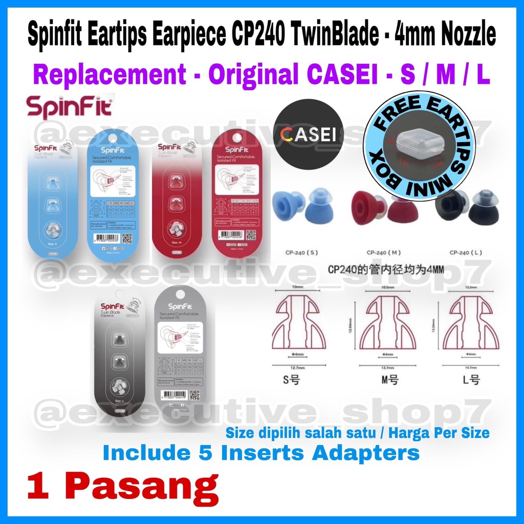 Spinfit Eartips Earpiece CP240 TwinBlade - 4mm Nozzle Include 5 Inserts Adapters - Size S / M / L