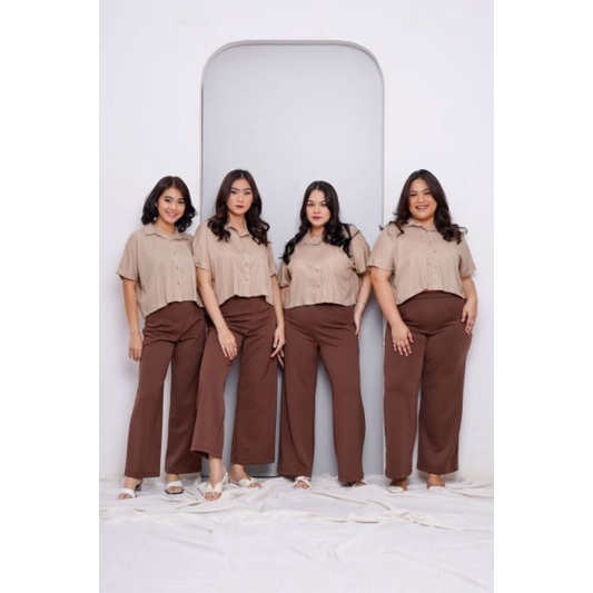 Oversized Rayon Crop Top Kemeja Wanita Casual Big Size Jumbo Polos Lengan Pendek-Khaki