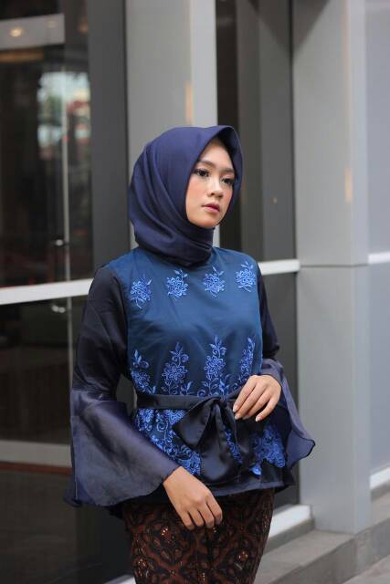 Blouse Hijab Tulle Bordir Wanita Biru Dongker M L XL XXL