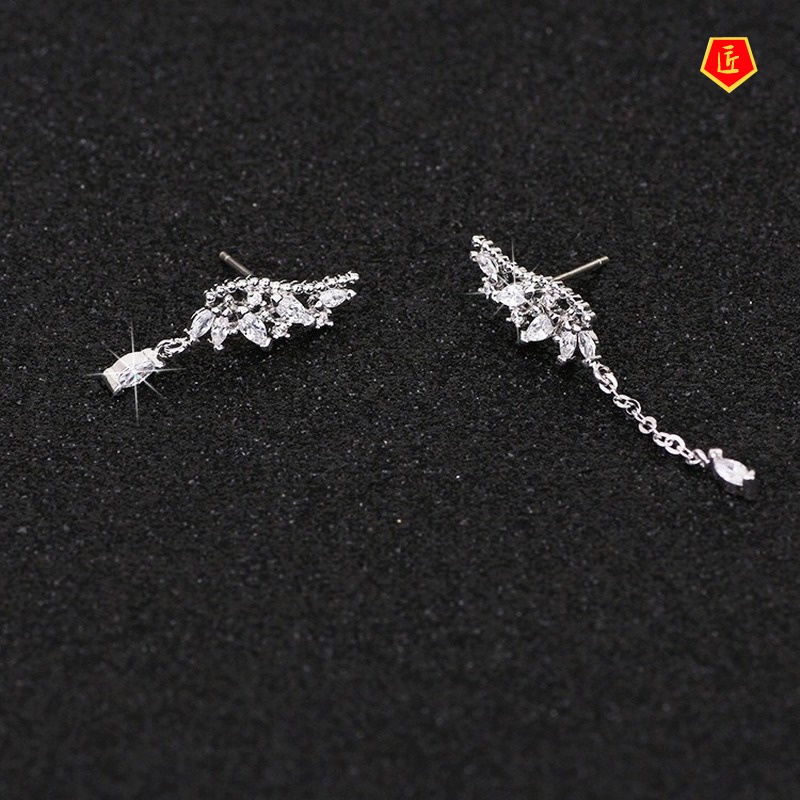 [Ready Stock]New Angel Wings Diamond Asymmetric Tassel Stud Earrings