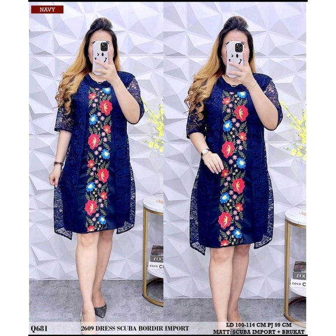 Dress Original Bordir bahan scuba import & brukat panjang 98cmLD : 98 - 106
