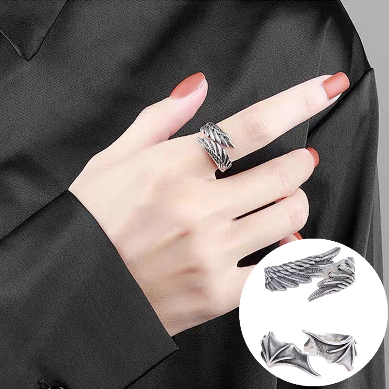 Cincin Jari Desain Sayap Malaikat Demon Gaya Vintage Gothic Untuk Pria Dan Wanita