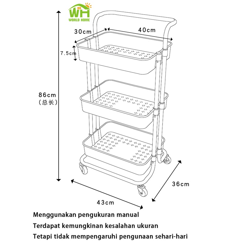 Rak Troli Tiga Susun Serbaguna Kamar Tidur Dapur Kamar Mandi dengan Roda dan Pegangan GOSHOP88