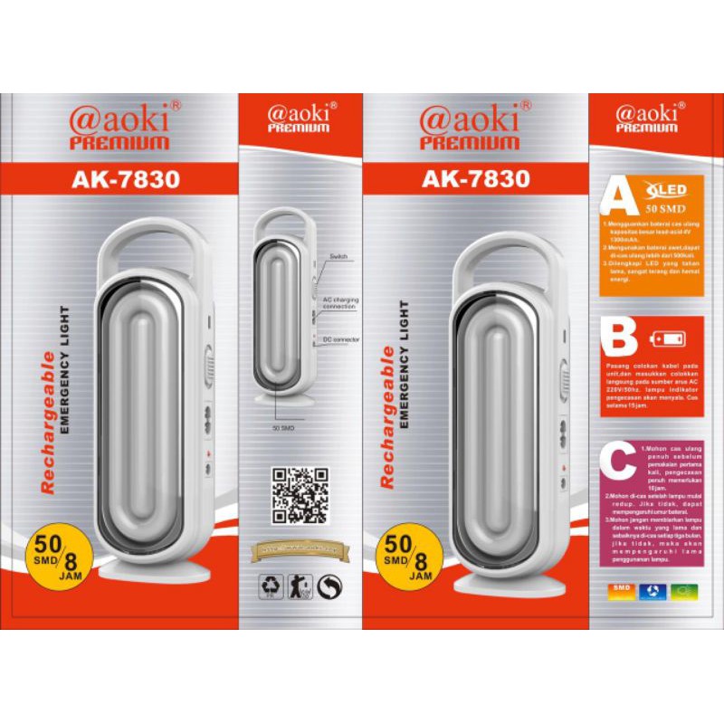 Lampu Emergency AOKI  7830 Lampu Darurat Portable Baterai Cas Wireless 1300 mAh