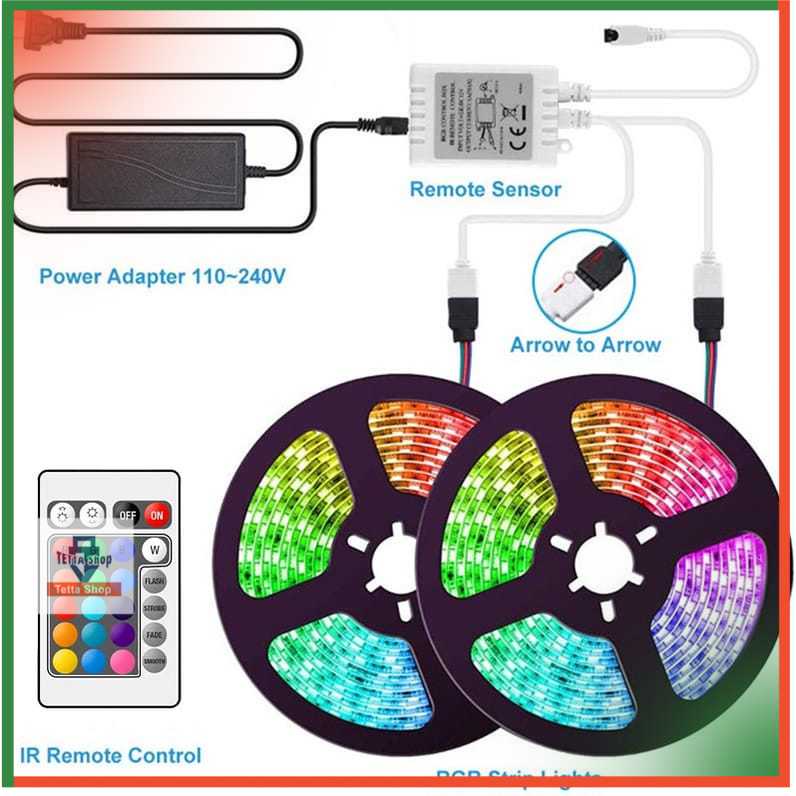 Paket Lampu Led Strip Selang 10 Meter Lengkap Remot dan Adapter Ada Double Tip Tinggal Tempel di Dinding Banyak Warna RGB Bisa Warna Warni Juga Satu Warna Kelap Kelip Nyala Terus