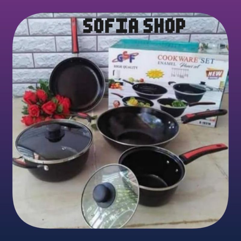 panci set enamel gsf 1831 6pcs 8830 cookware set GSF enamel + tutup kaca anti lengket