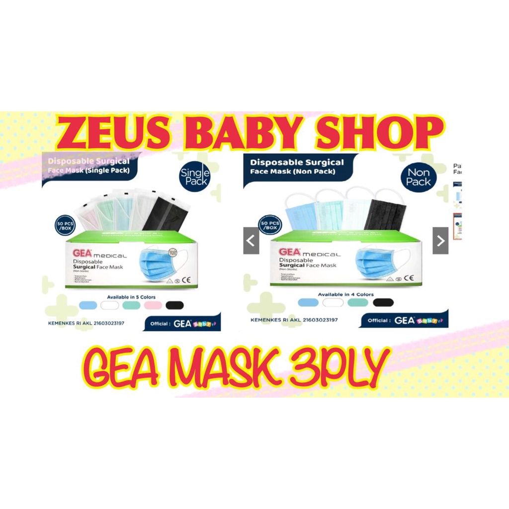 GEA MEDICAL SURGICAL MASK 3PLY SINGLE PACK OR NON PACK MAKER WAJAH