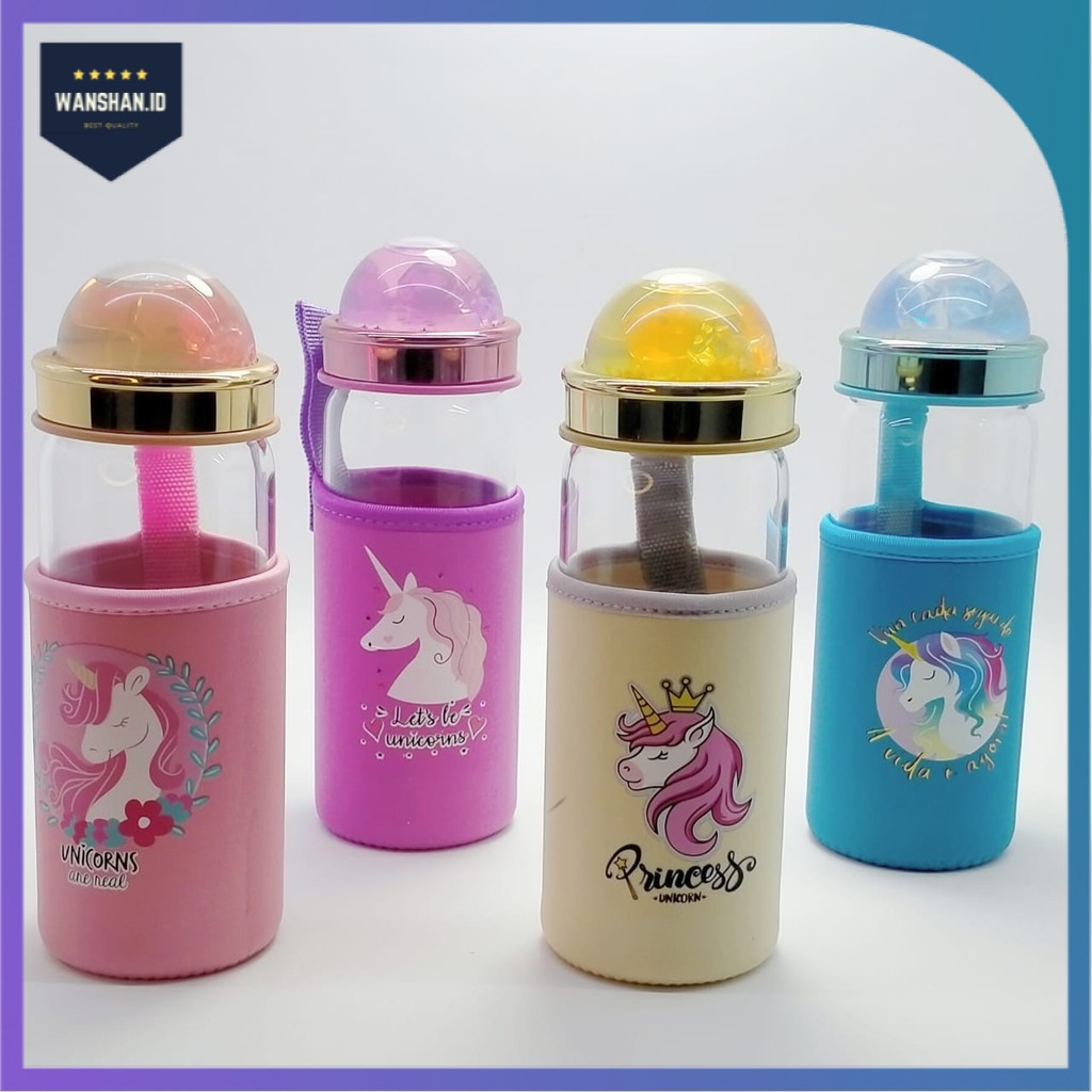 [WS] Botol Minum Kaca Anti Pecah Karakter Unicorn Lucu Untuk Anak/Pelajar-Biru