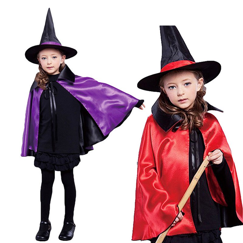 JB-06 jubah bolak-balik halloween anak penyihir merah ungu halloween kostum pesta witch cloak